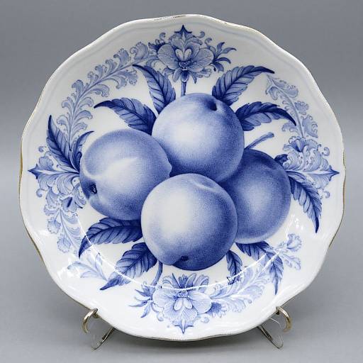 Photograph of a blue and white porcelain plate featuring three ripe lemons surrounded by intricate floral patterns, displayed on a metal stand.