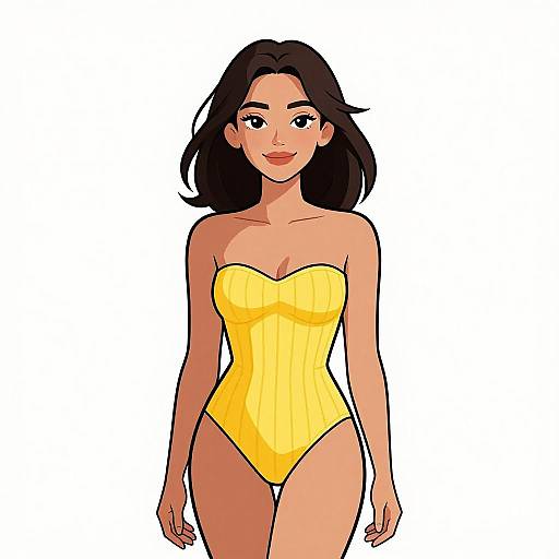 Digital illustration of a smiling woman with medium brown skin and black hair, wearing a yellow, strapless, high-cut swimsuit, standing against a white