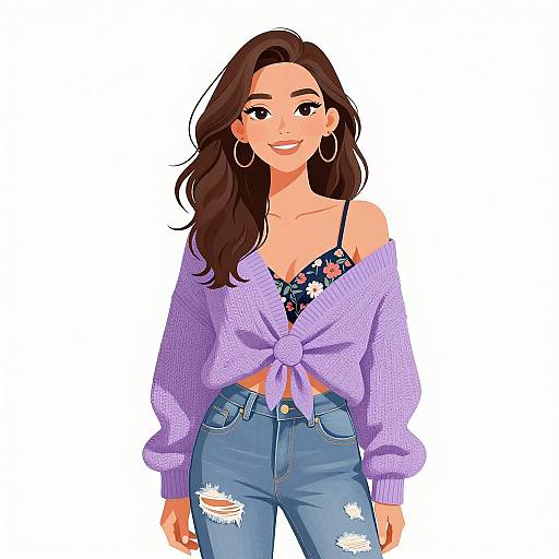 Digital illustration of a smiling woman with long brown hair, wearing a purple knitted cardigan tied at the front, floral lace bralette, blue distressed