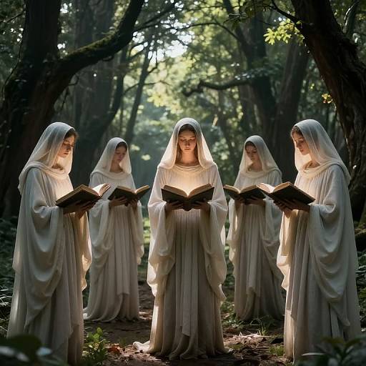Photograph of five women in white, hooded robes, standing in a sunlit forest, each reading an open book, bathed in soft,
