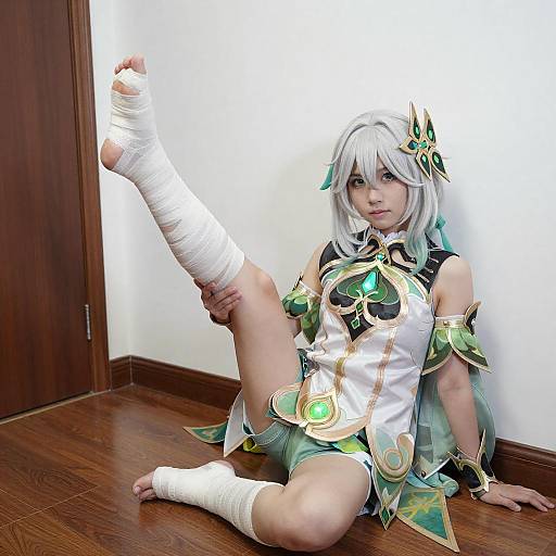 White-Haired Cosplayer in Green Armor
