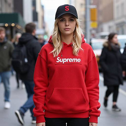 Photograph of a blonde woman in a red 
