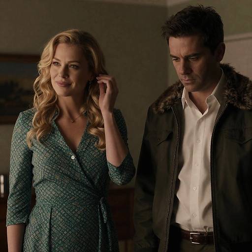 Photograph of a blonde woman with wavy hair in a green patterned dress, smiling, beside a dark-haired man in a fur-trimmed