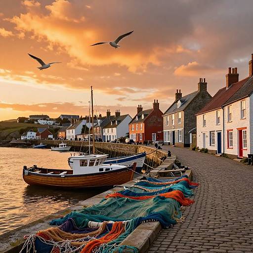 Photograph of a picturesque coastal village at sunset, featuring colorful fishing nets on a cobblestone dock, wooden boats, and charming houses with chimneys