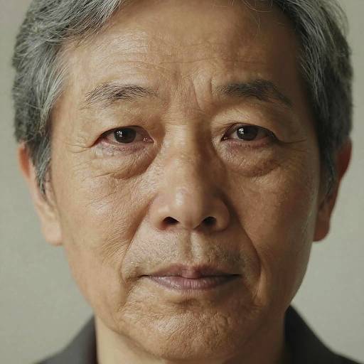 Close-up photograph of an elderly Asian man with graying hair, medium skin tone, wrinkles, and a serious expression against a neutral background.