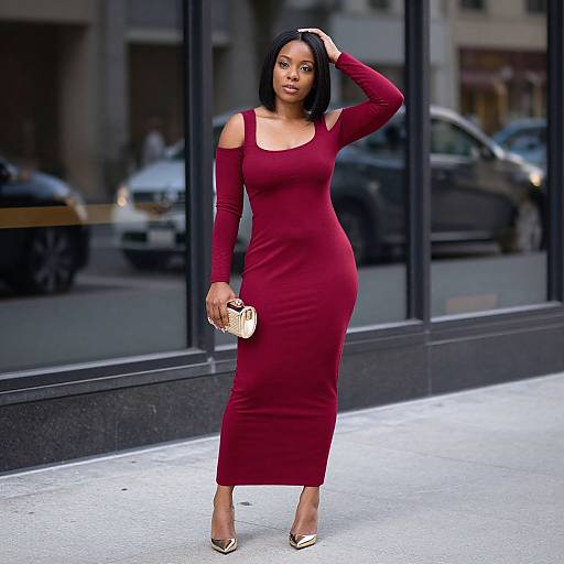Photograph of a confident Black woman in a form-fitting, off-shoulder, burgundy dress and gold heels, holding a beige clutch,