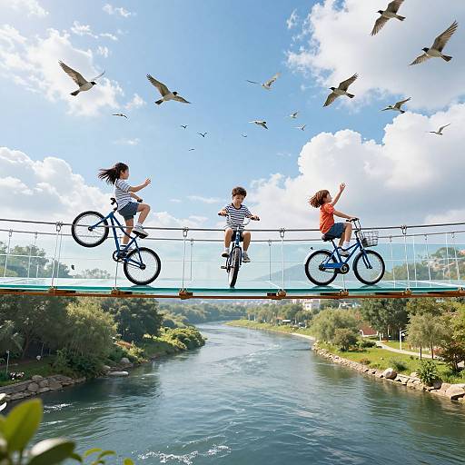 Photograph of three children riding bicycles on a glass bridge over a river, with birds flying overhead on a bright, sunny day.