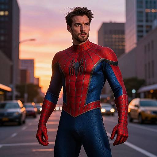 Photograph of a muscular man with short brown hair and beard, wearing a red and blue spider-man suit, standing on a city street at sunset with