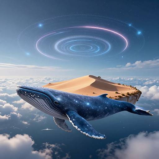 Digital artwork of a blue whale with starry skin soaring above a desert island surrounded by clouds, with a glowing galaxy ring in the sky.