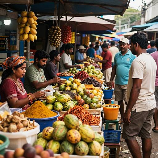 Vibrant market photograph: Indian woman with headscarf sells fruits to men in casual clothes, colorful stalls with hanging fruits, baskets, and crowds