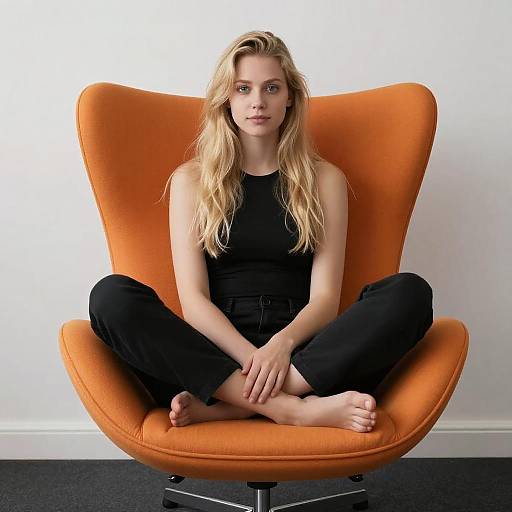 Young Woman in Modern Orange Chair