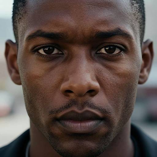 Close-up photograph of a serious, dark-skinned African man with short hair, intense brown eyes, and subtle facial hair, against a blurred background.