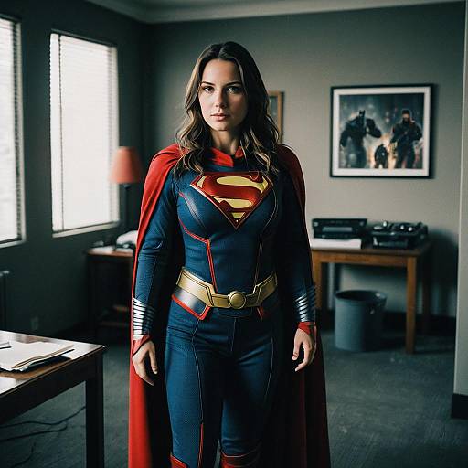 Photograph of a confident woman with long brown hair, wearing a tight Superman costume with a red cape, standing in a dimly lit office with windows