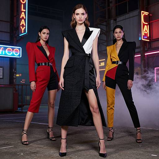 Photograph of three stylish women in a neon-lit urban street at night, wearing bold, asymmetrical black, red, and yellow outfits, standing