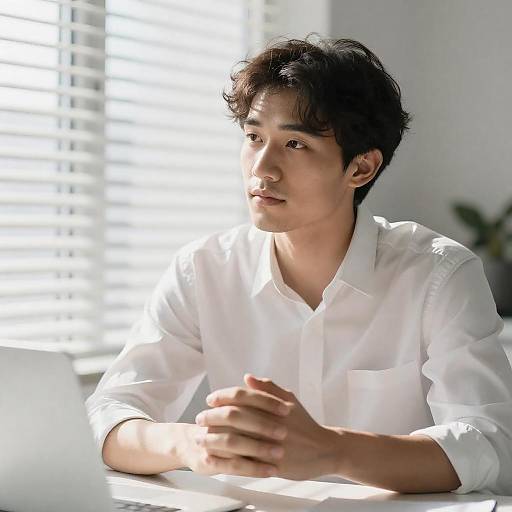 Thoughtful Young Man in White Shirt at Desk