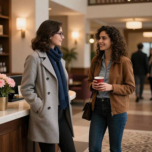 Photograph of two women with curly hair, one in a gray coat and blue scarf, the other in a brown jacket, chatting in a warmly lit
