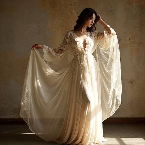 Photograph of a dark-haired woman in a shimmering, lace-trimmed, off-shoulder, floor-length white gown, holding the fabric