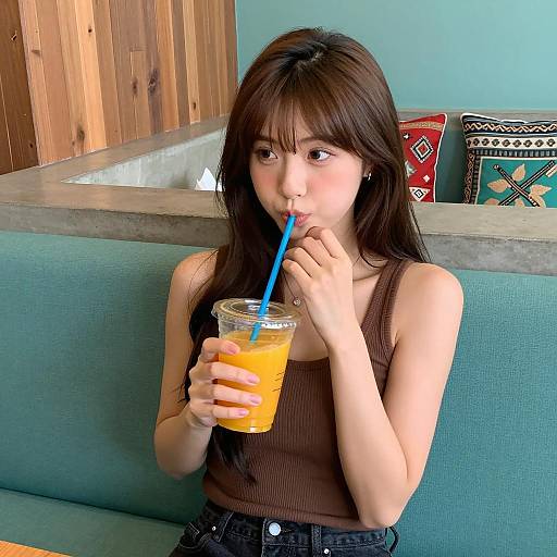 Casual Asian Woman on Teal Couch