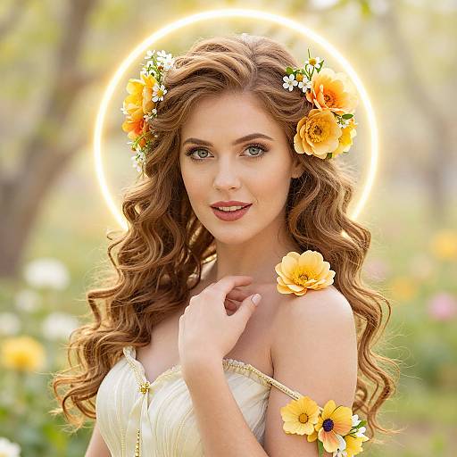 Photograph of a fair-skinned woman with long wavy brown hair, wearing a white dress, adorned with yellow flowers in her hair and on her
