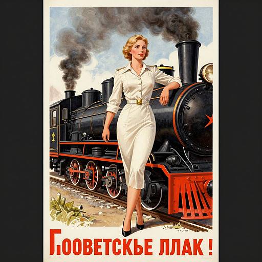 Soviet Poster Woman Boarding Steam Train