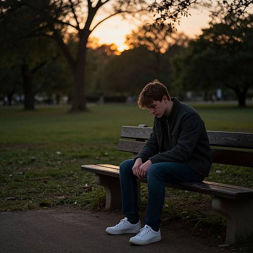Photograph of a young man with short brown hair, wearing a dark jacket and blue jeans, sitting on a wooden bench at sunset, looking down with