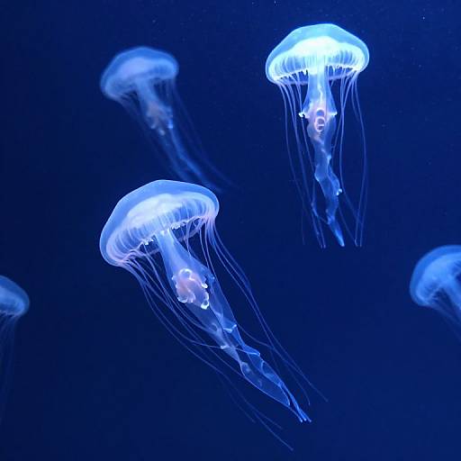 Photograph of glowing blue jellyfish with translucent bell-shaped bodies and flowing tentacles, floating gracefully in a dark blue underwater environment.