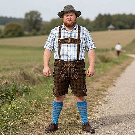 Photograph of a bearded man with red hair, wearing a green hat, checkered shirt, brown patterned shorts, blue striped socks, and