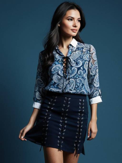 Woman in Blue Paisley Blouse and Black Mini Skirt