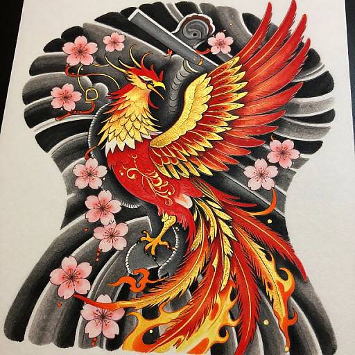 Vibrant, colorful phoenix with fiery red, yellow, and orange feathers, surrounded by pink cherry blossoms and black, swirling waves, in traditional