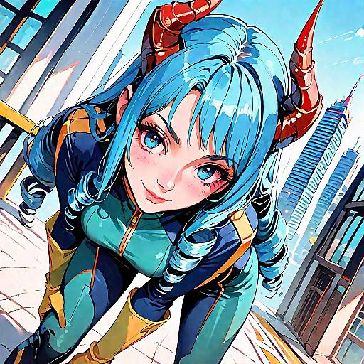 Anime Style Blue-Haired Girl with Horns in Cityscape