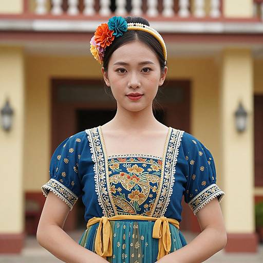Photograph of an Asian woman in a traditional Mexican dress with colorful floral embroidery, yellow and orange headpiece, standing in front of a yellow building.