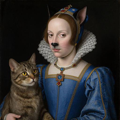 Photorealistic digital painting of a pale-skinned woman in Renaissance-style blue gown with lace collar, holding a brown tabby cat, dark background.