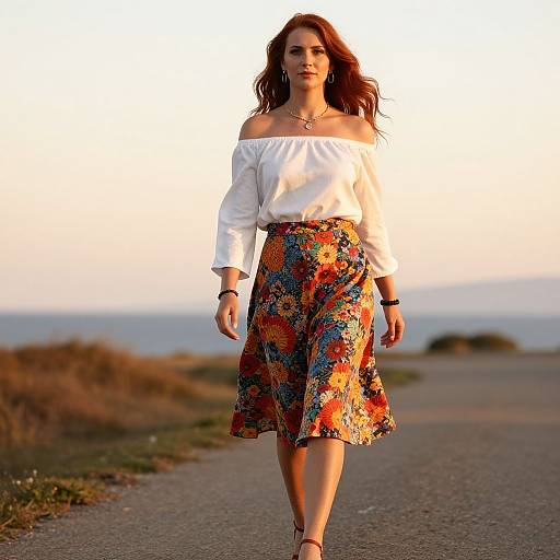 Stylish Woman Walking Coastal Sunset