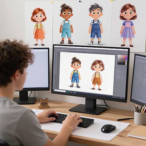 Digital artist in casual shirt working on cartoon character design on three monitors, with five child character sketches above.