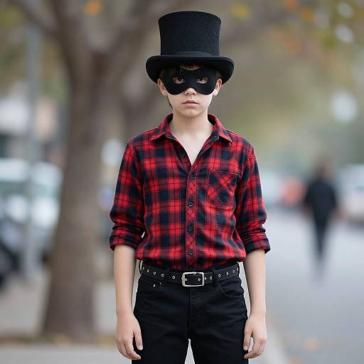 Photograph of a young man in a black top hat, black sunglasses, red and black plaid shirt, black pants, and belt, standing in