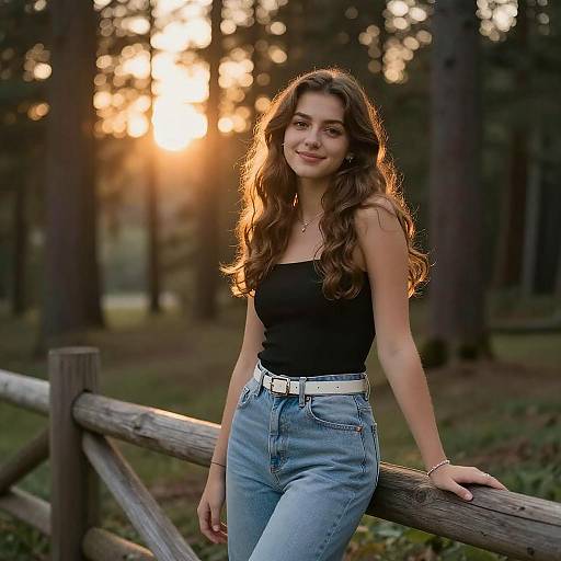 Young Woman Leaning on Wooden Fence at Sunset