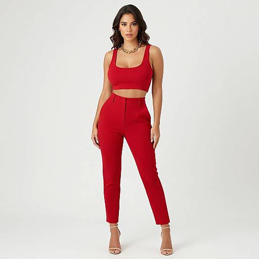 Photograph of a confident woman with medium skin tone and dark wavy hair, wearing a red crop top and high-waisted red pants, accessor