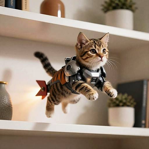 Tabby Kitten Flying with Rocket Jetpack