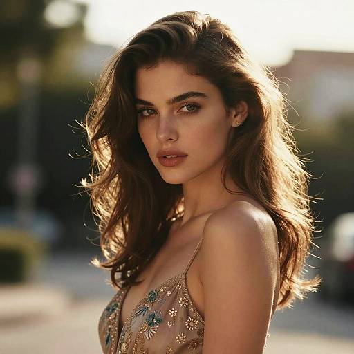 Photograph of a beautiful young woman with wavy brown hair, wearing a sheer, floral-embellished dress, standing outdoors in sunlight.