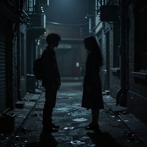 Silhouetted boy and girl stand in a dark, blue-lit, narrow alley at night, shadows contrasting with urban textures. Noir-style photograph
