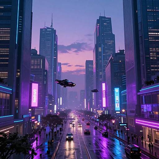 Neon-lit futuristic cityscape at dusk with flying drones, illuminated skyscrapers, and vibrant purple-blue-purple streetlights reflecting on a rainy road