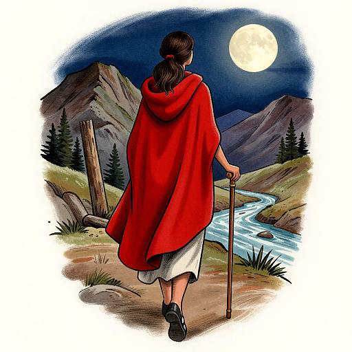 Illustration: Woman in red cloak and white dress, holding a cane, walks away from a full moonlit mountain river scene.