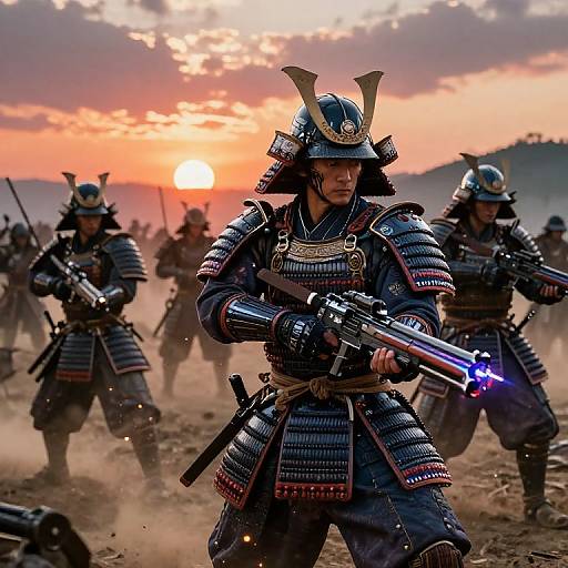 Photograph of Japanese samurai warriors in traditional armor, firing guns at sunset, with dust clouds and an orange sky background.