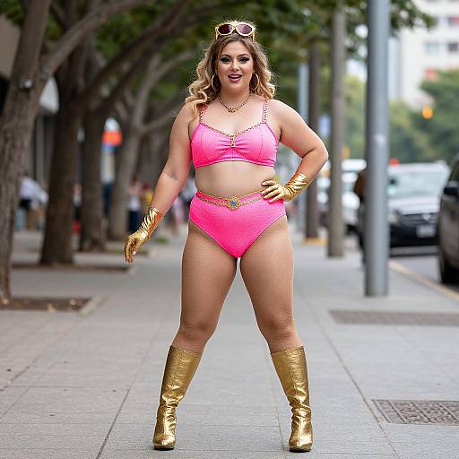 Photograph of a curvy, blonde woman in bright pink bikini, gold gloves, boots, and sunglasses, standing confidently on an urban sidewalk.