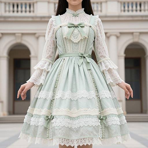 Photograph of a woman in an elegant, pastel green, Victorian-style lace dress with multiple layers and a bow, standing in front of a grand
