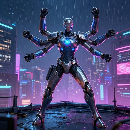Cybernetic six-armed robot stands confidently on a rooftop in a neon-lit, rainy futuristic cityscape, glowing blue core prominently visible.