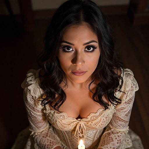 Photograph of a dark-haired woman with large eyes, wearing a lace, low-cut, cream dress, looking up with a glowing light below her chest
