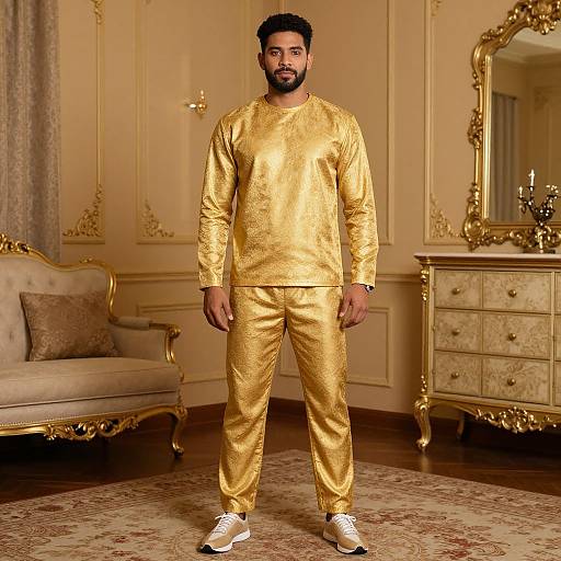 Photograph of a bearded man in gold, shimmering traditional attire, white shoes, standing in an ornate, vintage-style room with gold furniture