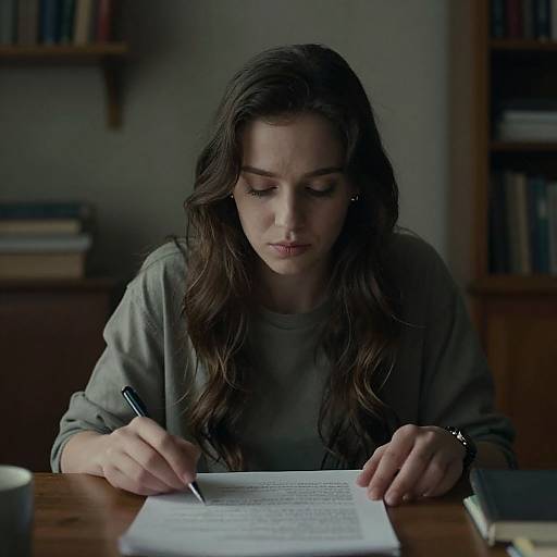 Photograph of a focused young woman with long brown hair, writing in a notebook at a wooden table in a dimly lit room with bookshelves