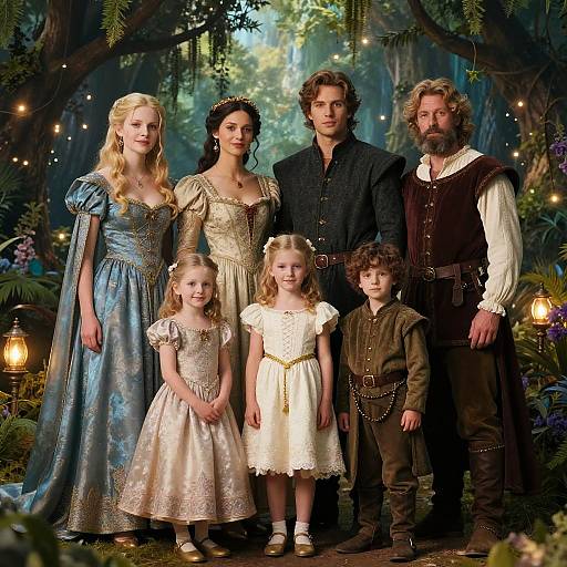 Photograph of a fairy tale family: two parents, two older sisters, and a young brother in medieval forest attire, illuminated by fairy lights.